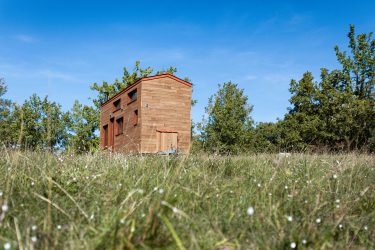 photo d'une tiny house dans un champ